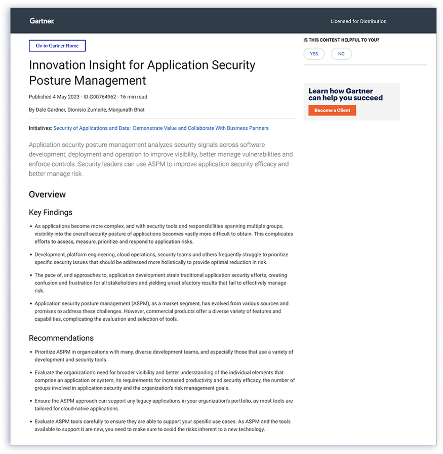 Gartner® Innovation Insight for Application Security Posture Mangement